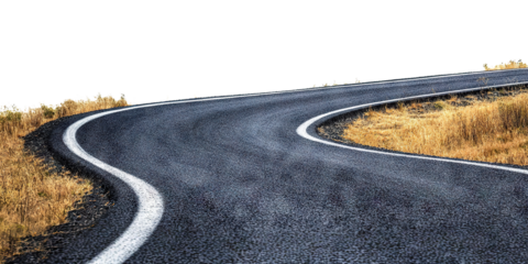 Curved winding asphalt road with white markings, isolated on transparent cutout background
