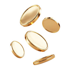 Shiny golden blank coins floating in air, isolated on transparent cutout background