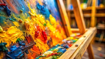 Fototapeta premium Close up of colorful oil painting on easel with vibrant brushstrokes