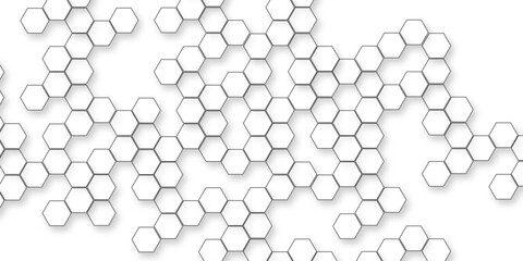 A pattern of white hexagon shapes arranged subtle shadows that create a three-dimensional, layered effect, geometric repetition and depth of the hexagonal grid.