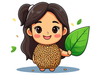 Cute Vegan Buckwheat Character with Leaf, Cartoon Kawaii Style, Transparent Background PNG