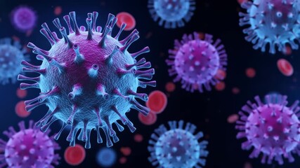 A microscopic view of the coronavirus, also known as sarscov2, with its characteristic spikes, surrounded by red blood cells against a dark blue background, illustrating a viral infection - Powered by Adobe