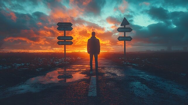 A person stands at a crossroads with signposts against a dramatic sunset sky symbolizing life s choices and future paths