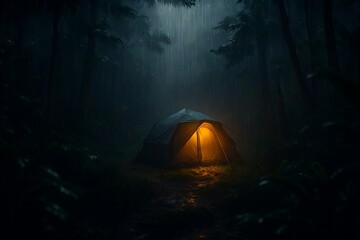 Glowing Tent in Dark Rainy Forest camping night