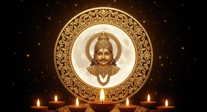 Lord Ayyappan Hindu God in Golden Frame with Lit Lamps