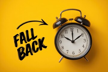 A classic alarm clock with "FALL BACK" text, symbolizing the end of daylight saving time, on a vibrant yellow background