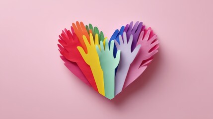 Colorful paper hands arranged in a heart shape on a pink background, symbolizing unity, diversity, and love