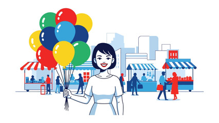 Joyful Celebration with Balloons at the Market: In a vibrant illustration, a woman radiates happiness as she holds a bunch of colorful balloons, set against a bustling marketplace backdrop.