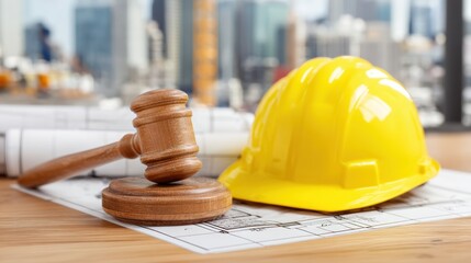 A judge’s gavel and a yellow construction helmet rest on architectural blueprints with a blurred cityscape in the background