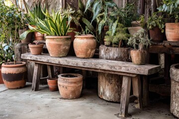 Vintage garden aesthetic with clay pots and wooden bench