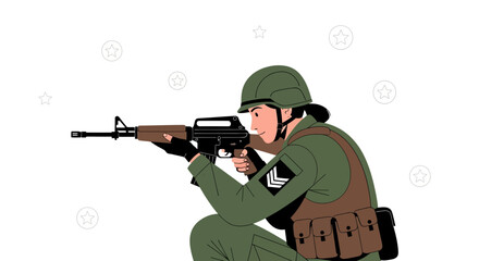 Fototapeta premium Soldier in Uniform Aiming Rifle Ready For Combat Against Adversaries Or Enemy