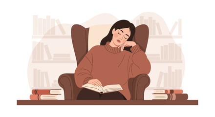 Restful Reading: A Woman Sleeping with a Book in a Cozy Armchair Amongst Bookshelves