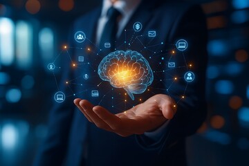 Man holding glowing digital brain network with icons
