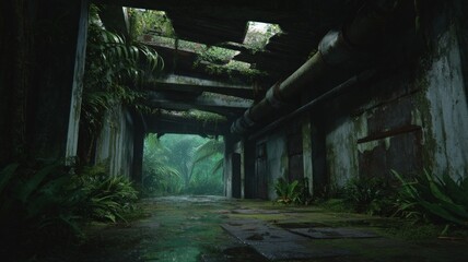 Abandoned industrial corridor with overgrown vegetation. AI image