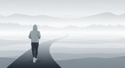 Obraz premium Runner Traversing Winding Road Leading Towards Mountain Landscape in Monochrome Style