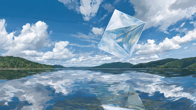 An ethereal floating crystal cube above a serene lake, surrounded by lush green hills and a vibrant blue sky.