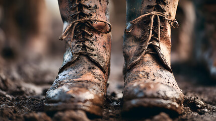 Close-up of weathered, muddy combat boots of a soldier on a rugged terrain, symbolizing resilience and determination.