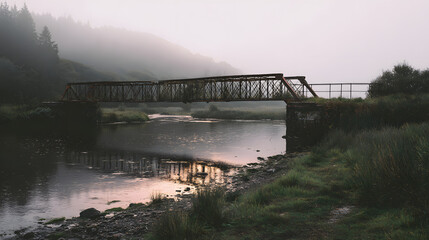 Fototapeta premium A tranquil view of a rustic bridge shrouded in morning fog, surrounded by lush greenery and still waters.