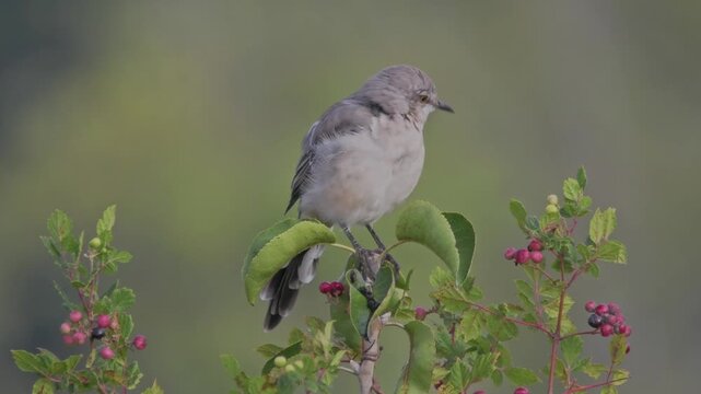 Northern mockingbird perched on a bush with berries