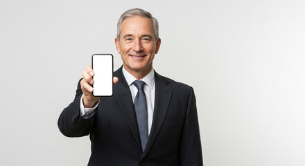 Confident businessman proudly presents a modern smartphone with a blank screen for your app or website