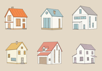 A charming collection of six whimsical house illustrations, each with unique architectural details and vibrant roof colors, set against a neutral backdrop