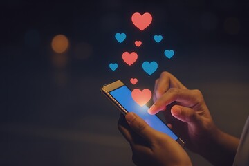 Person's hands using smartphone with glowing hearts floating up