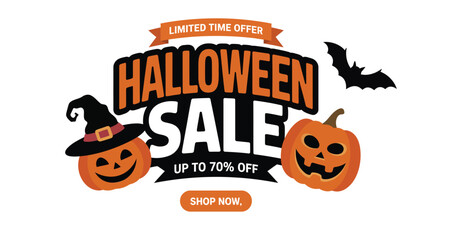 Halloween sale banner with jack-o'-lanterns, witch hat, bats, and bold text—perfect for limited-time festive retail promotions t