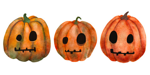 Watercolor cute Halloween pumpkin face illustration. Hand painted smiling jack o’lantern with funny eyes and teeth. Perfect for seamless patterns, fabric, packaging, kids decor, autumn design.