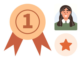 Large award badge with number one, smiling woman portrait, and star symbol. Ideal for achievement, award, success, recognition, celebration motivation excellence personal growth or goals. Simple