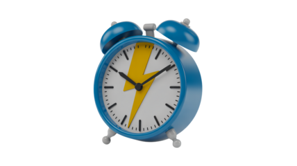 Vibrant blue alarm clock with a striking yellow lightning bolt symbolizing energy and urgency