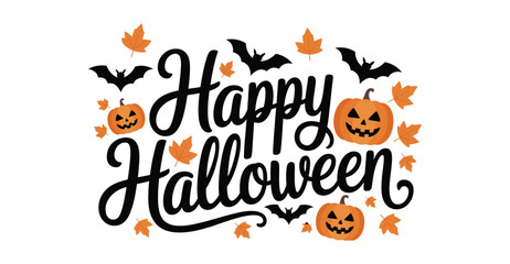  Happy Halloween design with smiling pumpkins, bats, autumn leaves, and bold cursive text—ideal for festive cards and seasonal decor