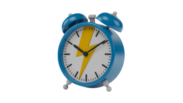 Vibrant blue alarm clock with a striking yellow lightning bolt symbolizing energy and urgency