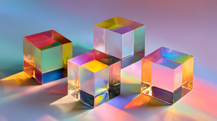 Fototapeta premium Four colorful transparent cubes casting vibrant reflections and shadows on a soft gradient background.