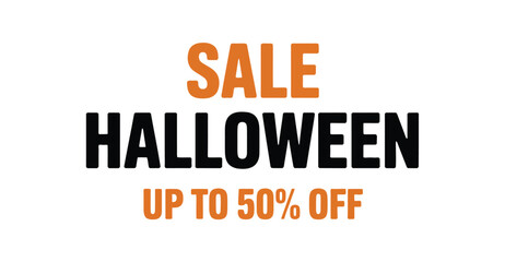 Halloween sale banner with bold typography and festive colors offering up to 50% discount, perfect for seasonal marketing promotions