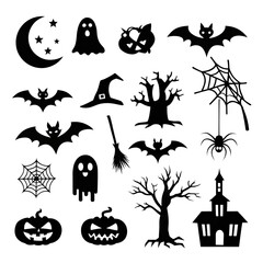 Set of halloween clipart silhouette vector with white background.