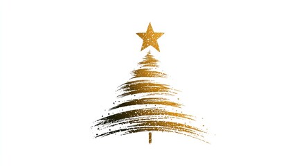Elegant 3D gold Christmas tree logo with minimalist lines and star, featuring golden brush strokes on a clean white backdrop, perfect for holiday branding