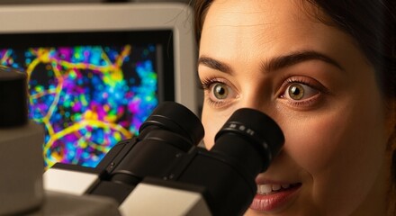 Female scientist examining slides under microscope in laboratory  