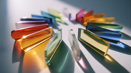 Colorful glass prisms arranged in a circular pattern, casting vibrant shadows in soft natural light.