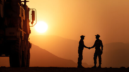 Two male soldiers shake hands against a stunning sunset, silhouetted by military vehicles. A moment of camaraderie and respect.