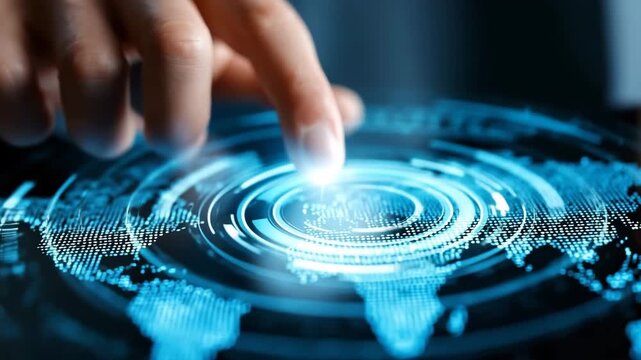 Hand touching digital world map with futuristic technology interface - Powered by Adobe