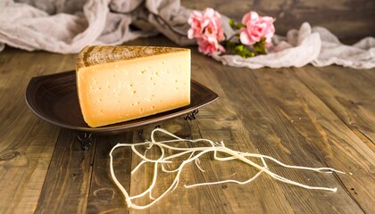 Artisanal cheese presentation with rustic floral backdrop and aged charm