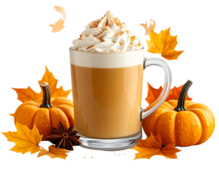 Pumpkin Spice Latte with Mini Pumpkins, Realistic Fall Beverage PNG