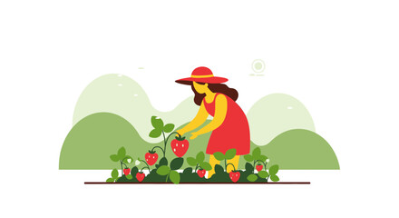 Fototapeta premium Woman Collecting Juicy Strawberries in a Vibrant Garden, Harvesting Sweet Summer Fruits Delightfully