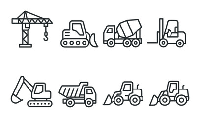 Set of construction vehicle icons on dark background