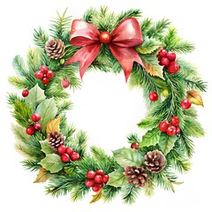 Watercolor painting of a christmas wreath watercolor image with red bow, pine cones, berries, and holly leaves, isolated on white background