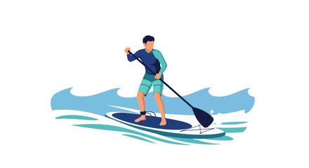 Obraz premium Sup Surfing Illustration Of A Man Paddling On Calm Water, Stand Up Paddleboarding