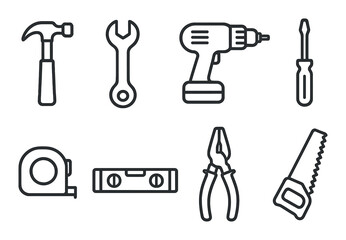 Set of essential tools: hammer, wrench, drill, screwdriver, tape, level, pliers, saw