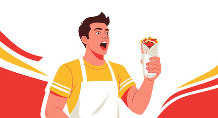 Surprised Chef Showcases a Delicious Shawarma Wrap Freshly Prepared and Ready to Eat