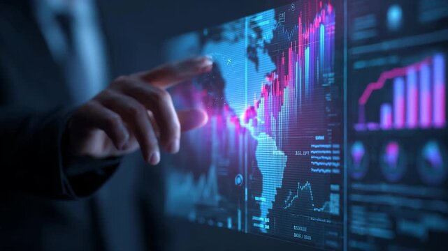 Businessman touching digital screen with financial data and stock market charts