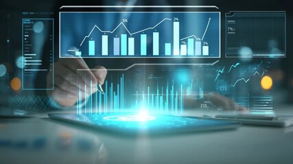 Businessman using digital pen on tablet with holographic financial data charts - Powered by Adobe